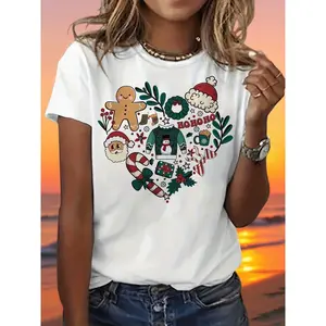 Graphic Print T-Shirt Featuring a Heart Shape, Family, And Santa Claus, Designed for Casual Wear in Summer And Spring, Suitable for Women