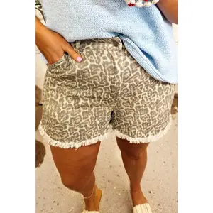 Khaki Raw Edge Leopard Print Denim Shorts
