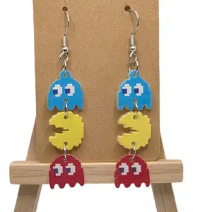 Pixelated Retro Earrings - Blue Yellow Red Hook Earrings with Classic Pixel Art Style Funky Jewelry for Nostalgic Looks