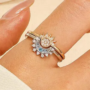 Adjustable Sparkling Moon Sun Star Ring for Women Couple Elegant Finger Ring Wedding Party Jewelry Gifts Accessories