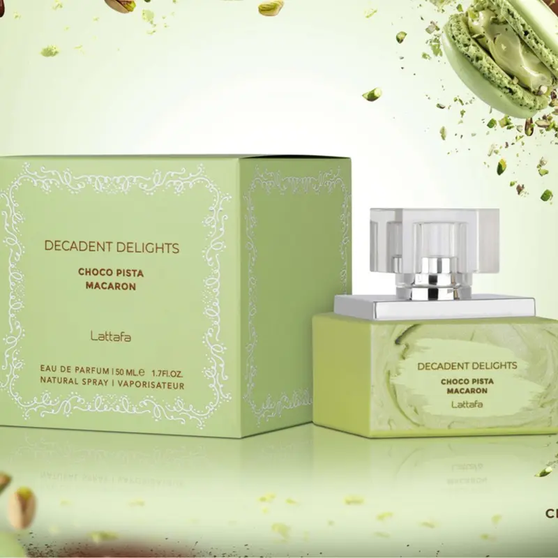 Lattafa Decadent Delights Choco Pista Macaron Unisex Gourmand Fragrance Eau De Parfum (EDP Scents), 50ml Gourmet Perfume with Pistachio Macaron, Chocolate Ganache & Vanilla Delightful Scents