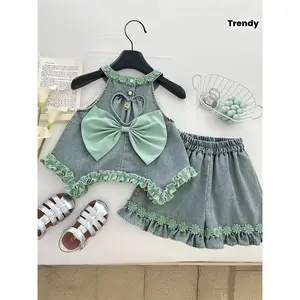 Girls' 2pcs New Half-length Skirt Set with Stylish Open-back Top and Mini Skirt, Thin and Trendy Girls