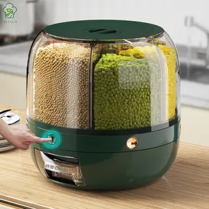 Rotating Grain Storage Bin 6 Grids Rice Container One-Click Output Large Capacity Food Dispenser For Rice Grains Sealed Moisture Proof Organizer Transparent Kitchen