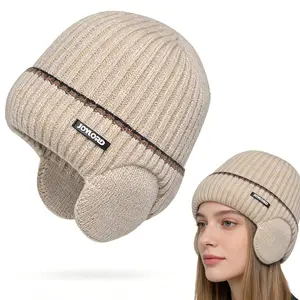 Winter Women's Solid Color Beanie Hat, Casual Warm Thickened Knit Hat with Ear Flaps for Men Women Warm Thermal Stocking Caps for Outdoor Cold Weather
