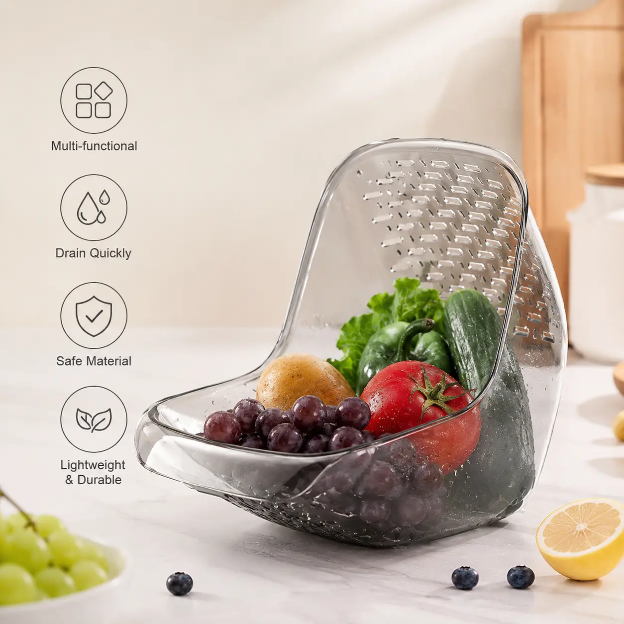 1 Count Multifunctional PET Drain Basket, Fine Perforated Strainer for Washing Fruits, Vegetables, Rice and Daily Kitchen Food Preparation