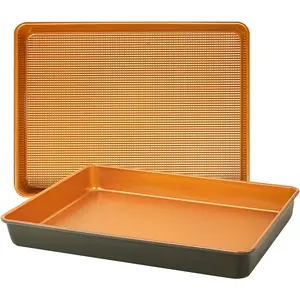 LUCYCAZ 2 Pack 15''x11''x2'' Deep Large Half Sheet Cake Pan Set, 1/2 Size Rectangle Copper Baking Pans Cookie Sheets Bakeware Toaster Oven Nonstick Set for Home Kitchen Muffin Bread Pan Heavy Duty