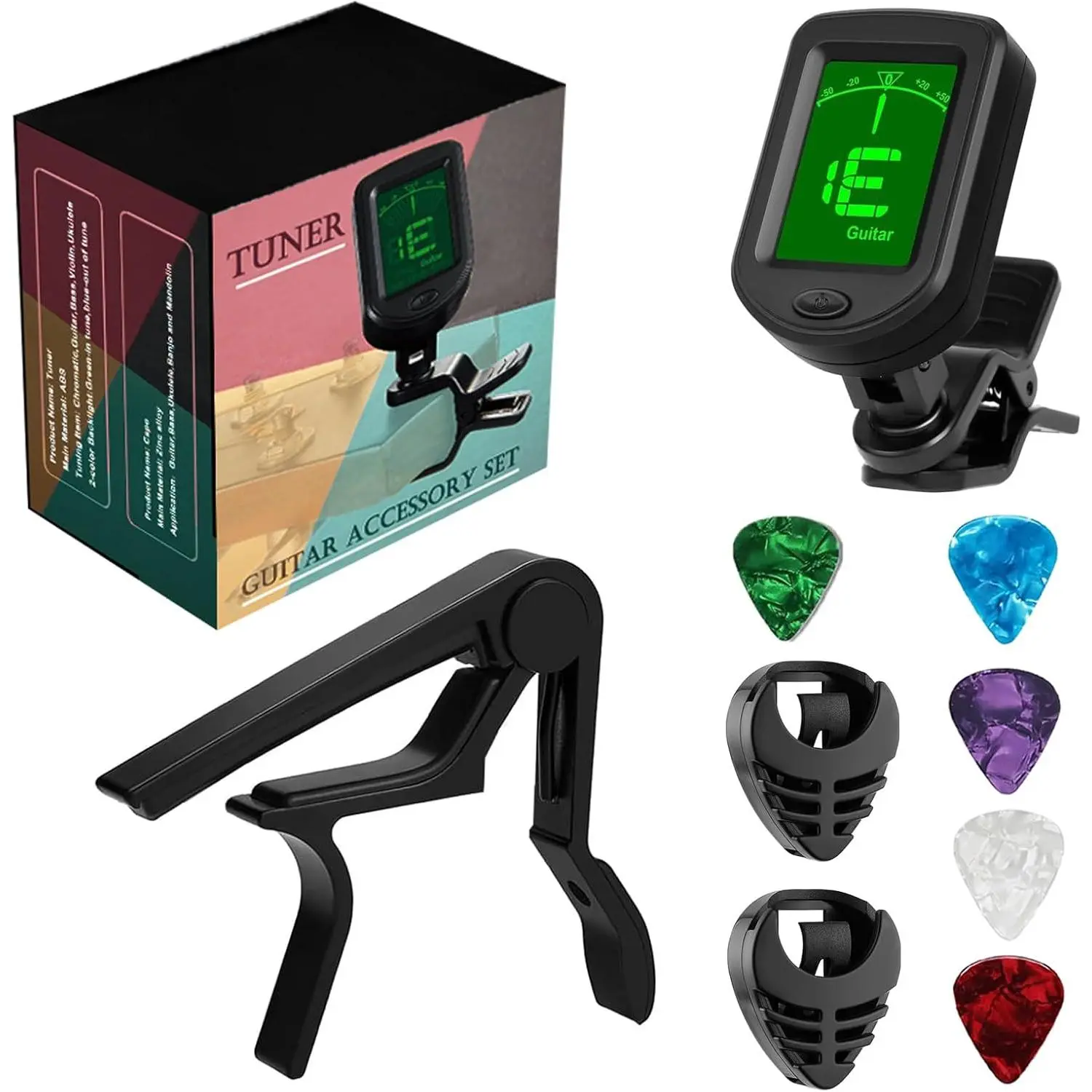 Beginner’s Guitar Tuner & Capo Kit - 1 Clip Tuner, Quick-Change Capo, 5 Picks, 2 Adhesive Pick Holders, Musical Accessories (9 Pieces) for Birthdays, Acoustic/Electric Instruments, Bass, Violin, Ukulele
