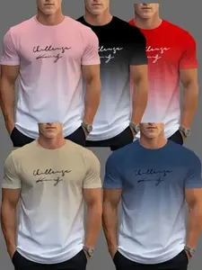 5-Pack Fashion Gradient Color Letter Print Round Neck T-Shirts, Breathable Lightweight Casual Men's T-Shirts, Comfortable Soft Fabric