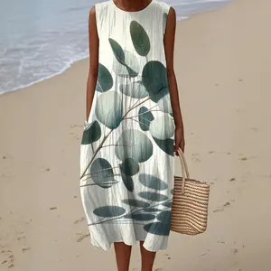 Women's Sleeveless Dress -- Eucalyptus Minimalist Vol 2 - Summer Dresses Casual to Dressy Sleeveless Maxi Faux Linen A-Line Sundress Women Breathable Fabric