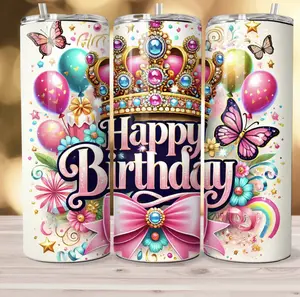 Tumbler 20 oz Happy Birthday Bottle Drinkware with Royal Crown & Balloon Design for Birthday Celebrations Cup Mug Portable Washable Reusable Bottled