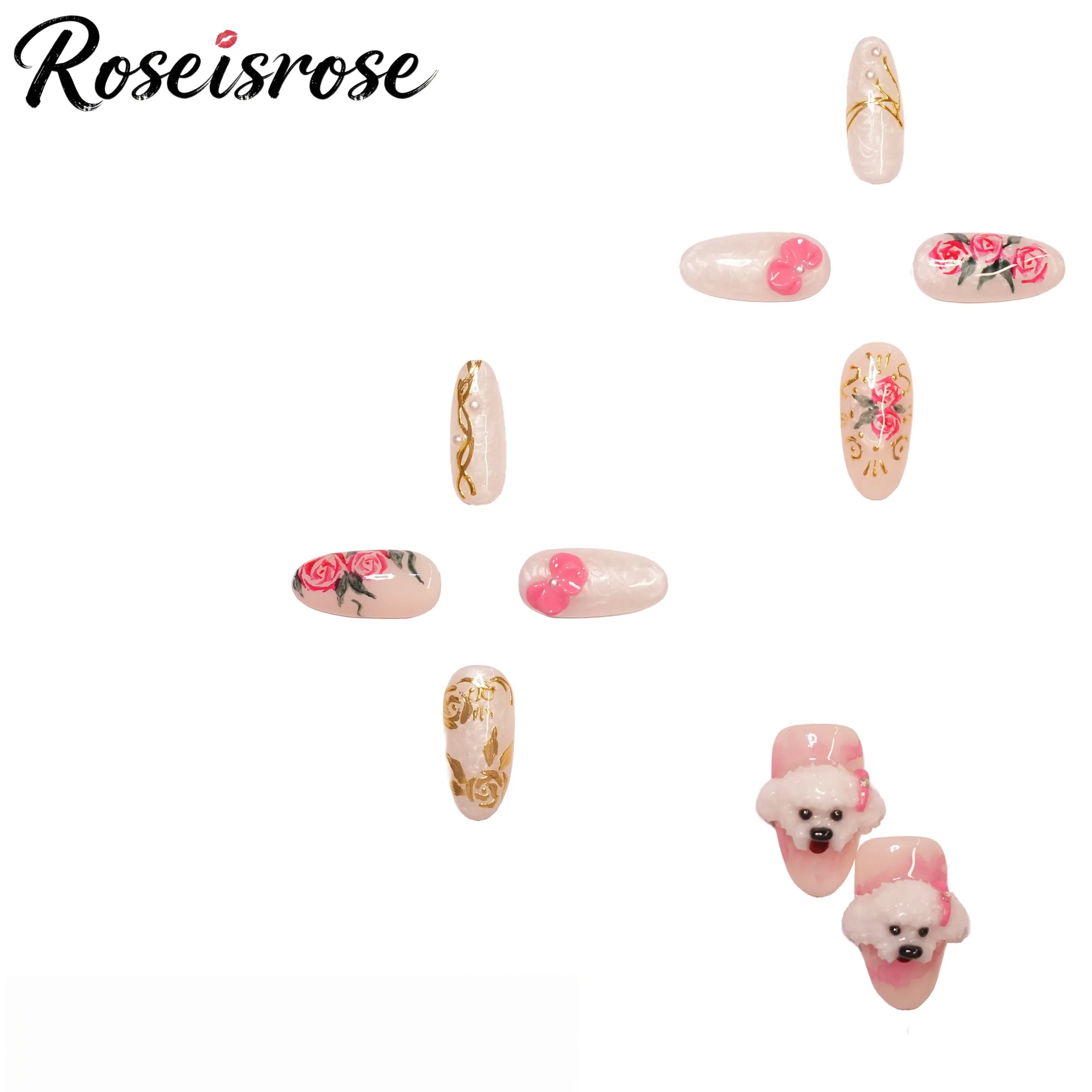 Roseisrose Pawfect Bloom-3D Fluffy Puppy & Pink Roses Hand Sculpted Luxury Salon Quality Press Ons Nails-Long Oval-White Bichon Puppy with Tongue-out & Pink Bow Detail, Hand-crafted Rose, Glossy White Marble Base, Reusable False Nails, with Free Nail Kit