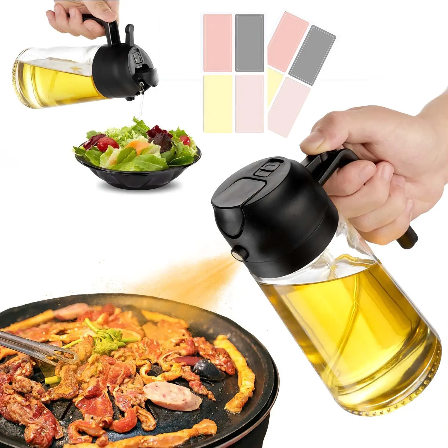 16oz (470ml) Glass Oil Sprayer for Cooking - 2-in-1 Double Action Spray & Pour Dispenser with Leakproof Seal, Black Kitchen Gadget, Air Fryer Accessory