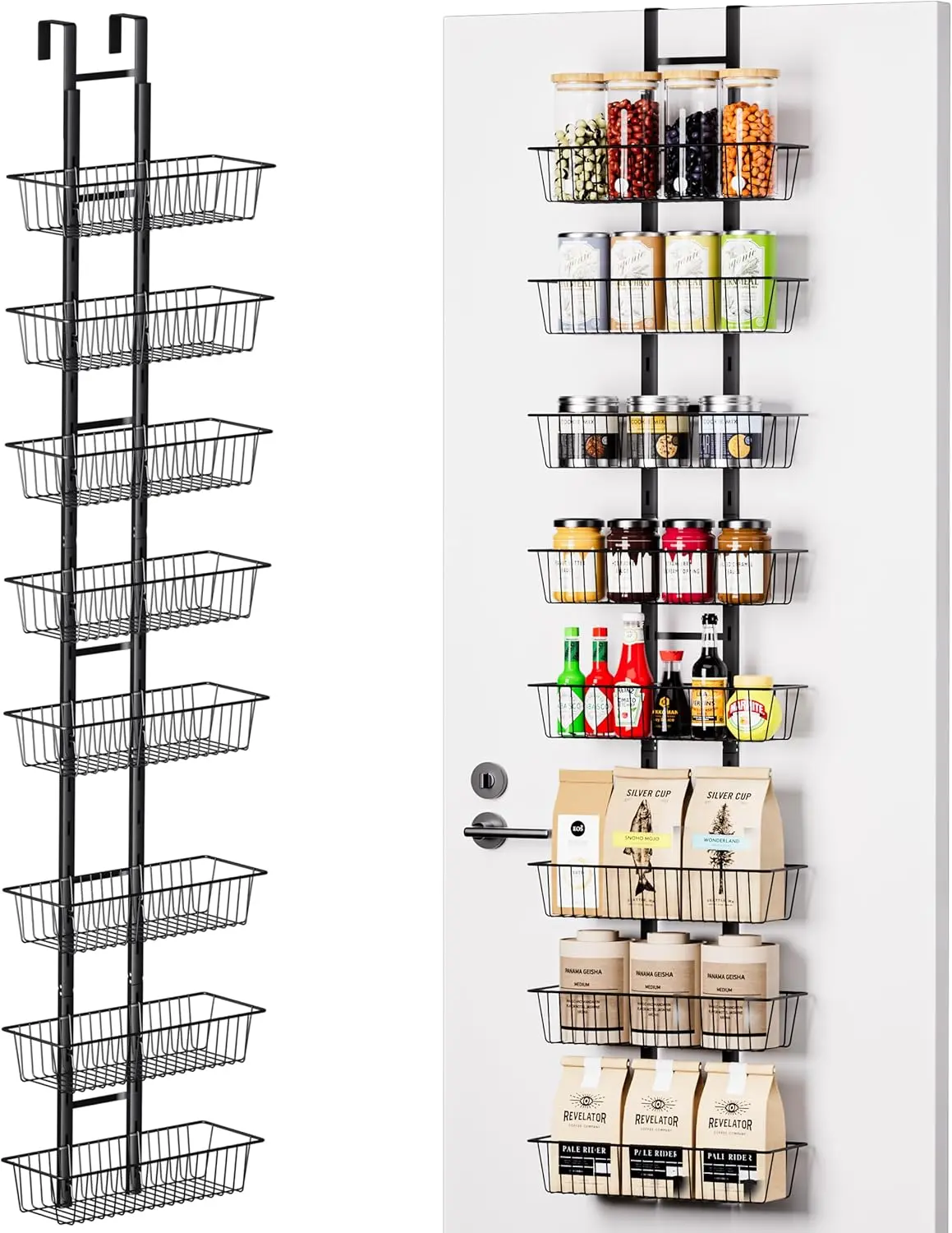 LUXEAR Over the Door Pantry Organizer, 8-Tier Adjustable Over the Door Hanging Spice Rack, No-Assembly Foldable Metal Over the Door Organizer for Kitchen, Home, Laundry Room, Bathroom Hangable Shelf Storage
