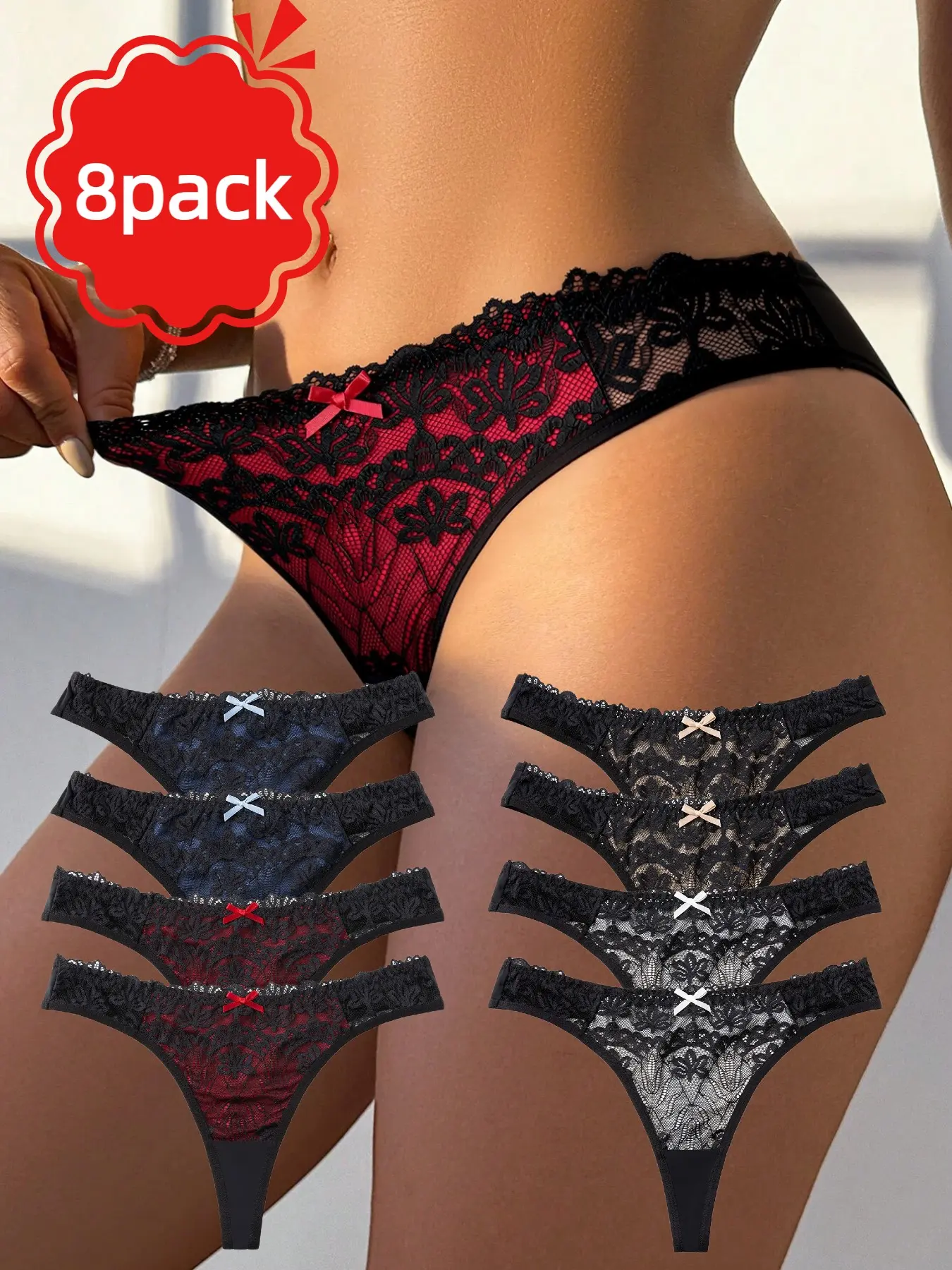 Sexy Butterfly Knot Thong Lingerie Knitted Stretch Underwear for Women Everyday, Colorblock Hollow Out Design, Elegant Slim-Fit Panties, 8 Pcs Set for All Seasons, Casual Elegant Panty