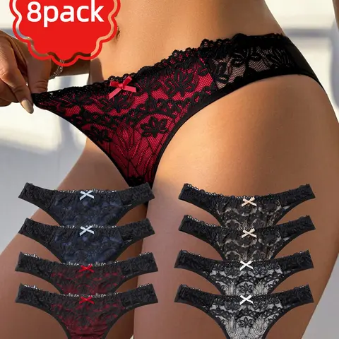 Sexy Bowknot Decor Thongs, Stretchy Underwear for Women, Colorblock Hollow Out Design Lingerie for Everyday Wear, Elegant Slim-Fit Fashion Panties for All Seasons, 8-Piece Set