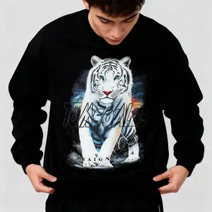 Men Women Streetwear Rhinestone Sweatshirt Novelty Crewneck Pullover Embroidered Heavyweight Regular Fit Round Neck Long Sleeve Pullover Fall & Winter Streetwear Men's Embroidered Graphic Crewneck Sweatshirt Tiger Head