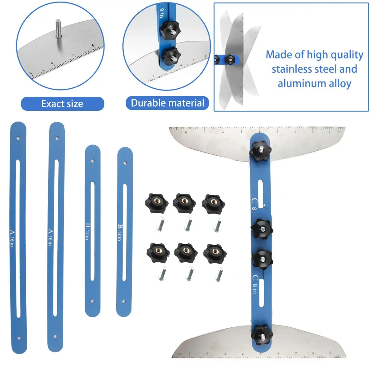Stair Tread Template Tool Adjustable Aluminum Alloy Stair Gauge Jig with Pivoting Stainless Steel End Plates, Inch Scales and Locking Knobs, 3 Pairs of Slotted Bars for Measuring Stair Treads and Risers, Woodworking Layout and Cutting for Carpenters