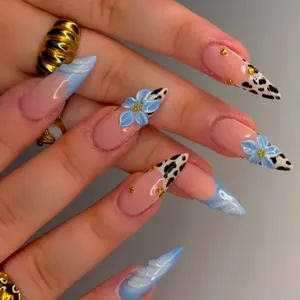 J51 Nailed by Vibe -Blue Floral Cow Print Press-On Nails, 3D Flower Accent Art, Nude Pink Stiletto Nails, Handmade Cute Glam Nail Set, Fashion Girl Statement Style, Gift for Her