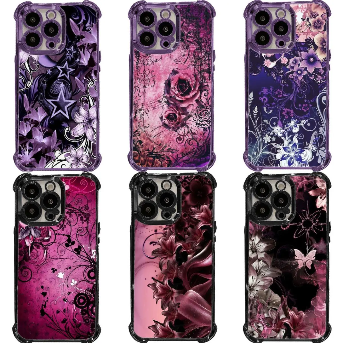 Purple Gothic Floral Rose Lily Butterfly Star Clear Corner Bumper Air Cushion Phone Case For iPhone 17 Pro Max  16 Plus 15 Pro 14 13 12 11 For Samsung Galaxy S26 S25 S24 S23 S22 FE Ultra EDGE Phone Case, Shockproof Anti-Drop Cover  #YGSJDHUA59