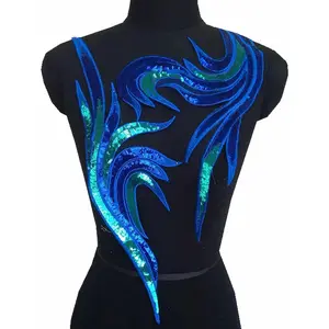 2 Pcs Royal Blue Gold Sequin Lace Fabric Embroidered Gown Appliques Noble Sexy Collar Sew Patches for DIY Wedding Dress Décor Blue