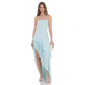 Lucy in the Sky Strapless Ruffle Asymmetrical Maxi Dress in Mint