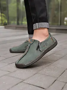 Handmade Stitched Side Zipper Casual Leather Shoes, Men's Anti-Slip Driving Shoes, Lightweight Breathable Slip-On Loafers, Comfortable Commuter Shoes
