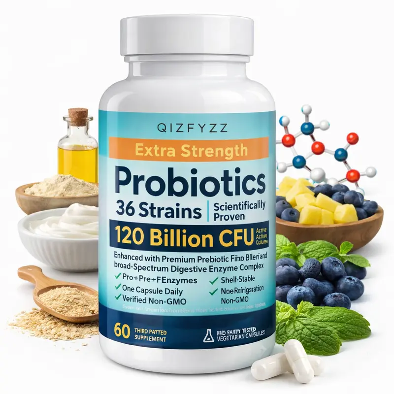QIZFYZZ Natural 3-in-1 GMP Certified Daily Dietary Supplement - 120B CFU 36-Strain Advanced Gut Friendly Binders-Free Sugar-Free Probiotic with Prebiotics & Enzymes, Veggie Caps for Adult Bloating Relief (60 Count)
