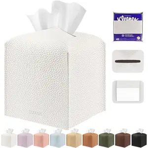 Tissue Box Cover Holder Square Tissue Cube Cover PU Leather Tissue Organizer with Bottom Belt for Bathroom, Tabletop, Car, Night Stands, Office, Home, Kitchen (1, White)
