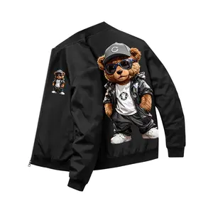 Men's sports casual jacket spring and autumn retro cool bear personality creative print baseball collar versatile men's zipper cardigan with pockets top daily outdoor clothing