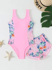 New Girls' One-Piece Swimsuit, Plant Print Side Waist Patched Tank Top, Plain Hem Pants Set, Suitable for Beach Parties, All Seasons Swimwear, Swimsuits With Shorts