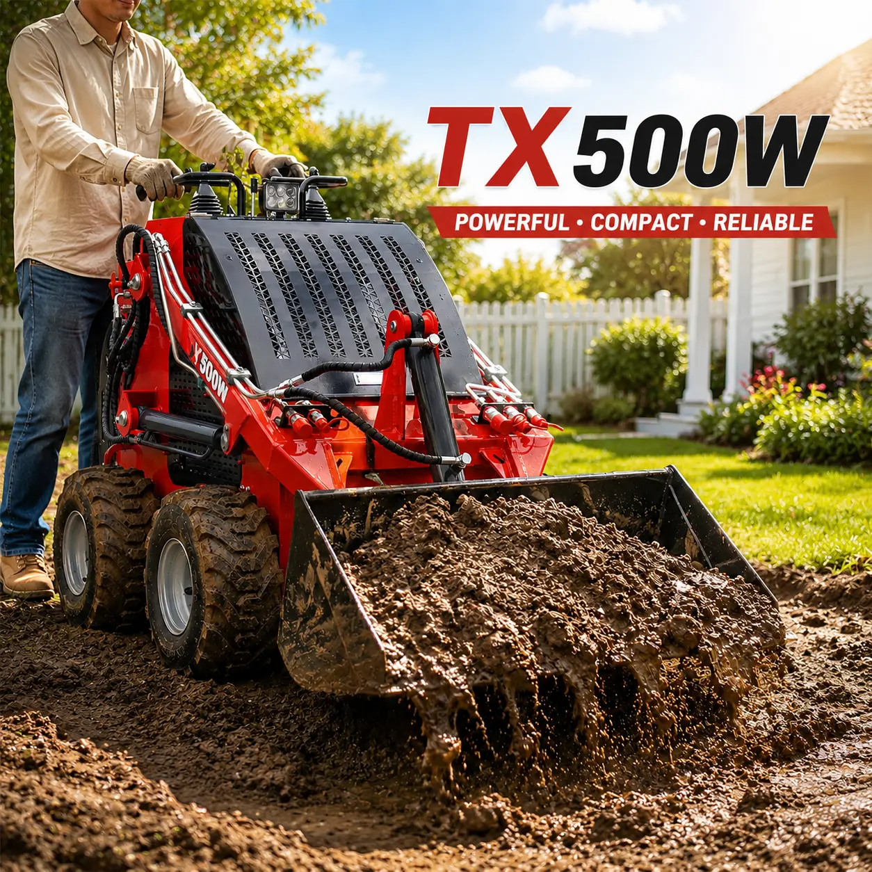 TX500W Mini Skid Steer Loader, 23 HP Gas-Powered Compact Track Loader with Hydraulic Bucket, Triple-Pump Hydraulic System, Crawler Loader for Farming, Landscaping, Construction, and Outdoor Work