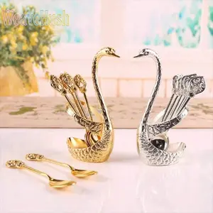 Coffee Spoons Set, Including 6 Stainless Steel Spoons and 1 Swan Base, Creative Swan Design Coffee Stirring Spoons for Dessert and Tea, Kitchen Cutlery and Tableware Utensils Supplies,summervibes