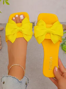 Women's Orange Big Bow Decor Square Toe Flat Slide Pu Leather Sandals, Vibrant Energetic-Chic Style, Perfect for Vacation & Daily Outfits #VibrantEnergeticShoes, #OrangeBowSandals, #SummerChicSandals
