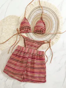 AMAN  Crochet Fabric Drawstring Cover Up Bikini Trio Summer Beachwear Boho Trend