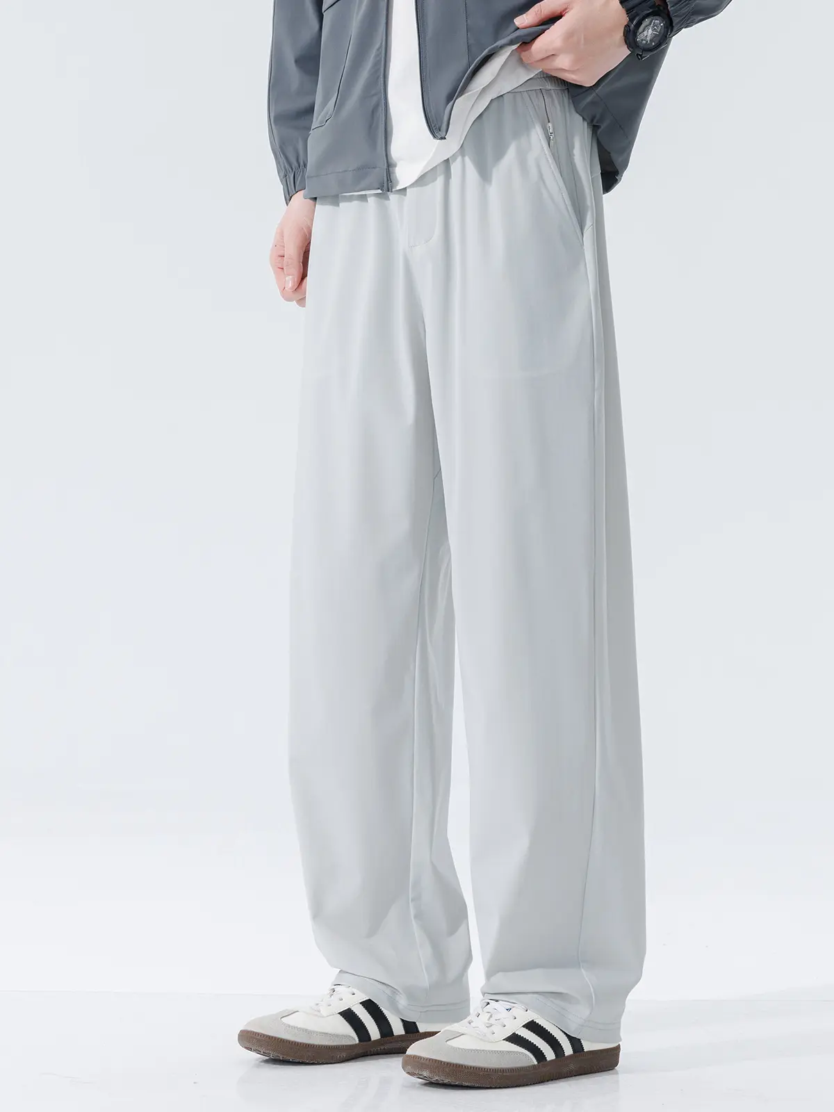 Vynkorin Men's Summer Casual Straight Pants - Casual, Loose, Non-Denim, Relaxed, Straightedge Men's Pants, Cooling Touch, Stretch, Lightweight, Breathable Lounge Sweatpants with Zip Pockets, Light Grey, Casual Men's Pants