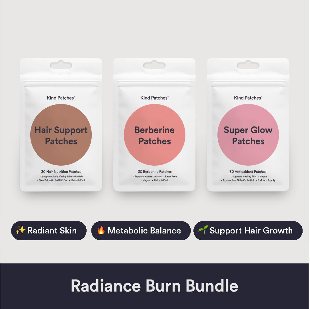 Kind Patches Radiance Burn Bundle: 30 Super Glow Patches + 30 Berberine Patches + 30 Hair Support Patches, Healthy Skin, Metabolism Support, Scalp Vitality & Healthy Hair, Vegan