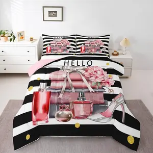 Black and Pink Comforter Set,Fashion Black White Girly Bedding Set for Girl Women Modern Flower Floral Perfume Striped Duvet Insert High Heels Magazine Books Bed Sets
