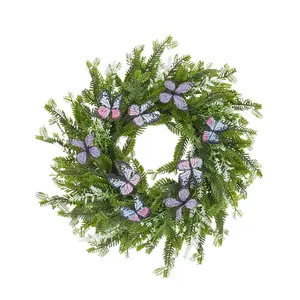 20 Inch Handcrafted Spring Wreath Artificial Eucalyptus Wild Daisy Wreath with Butterfly Accent Rattan Back Frame Fade Resistant Easy Fluff Farmhouse Front Door Wall Porch Decor for Easter Wedding Spring Home Decoration Gift