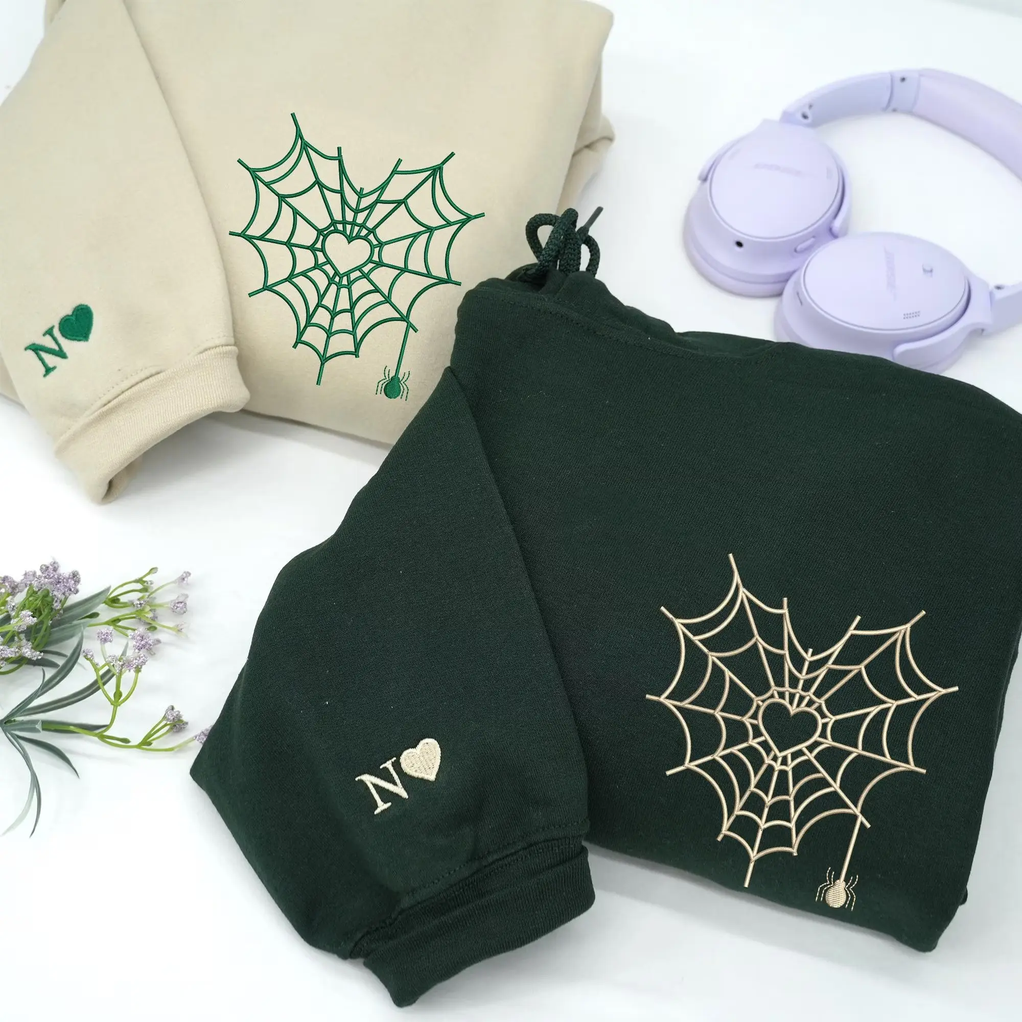 [Made in US] Embroidered Spider Web Heart Couple Hoodie - Halloween Valentine's Day Matching Sweatshirts