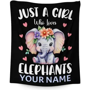 Personalized Elephant Blanket with Name - Soft, Fuzzy & Warm - 60"x80" Twin Size Blanket for Bed, Couch & Living Room - Black Cute Throw Gifts for Girls