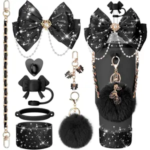 Bling Cup Accessories for Stanley Cup 30oz 40oz 20oz Tumbler with Handle, including Bow Straw Topper Cover, Straw Bow Decorate, Leather Water Bottle Handle Strap, Boot (Black)