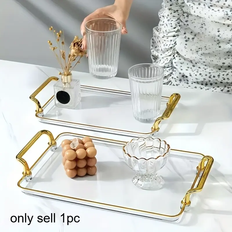 1pc transparent plastic tray with golden metal frame-modern bathroom furniture decoration, Bathroom Organizer Supplies, Bathroom Decoration Accessories