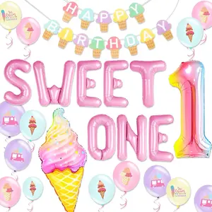 LaVenty 1st Birthday Decorations for Girl Sweet One Party Decorations Donut Ice Cream Themed Party Supplies for Baby Girl 1st Birthday Party Decor Set with Balloon Backdrop Garland Banner