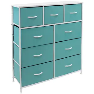 Wide Dresser with 9 Drawers in Teal and White, Includes 2 Drawers on the Top and 7 Drawers on the Bottom