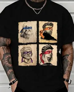 Graphic Tee Mens Casual Short Sleeve T Shirt Featuring Humorous Italian Artists and Teenage Mutant Ninja Turtles Artwork Regular Fit Round Neck Tee for Art Enthusiasts and Ninja Turtle Fans Oversized Casual Men's Letter Pattern Printed T-Shirt 5