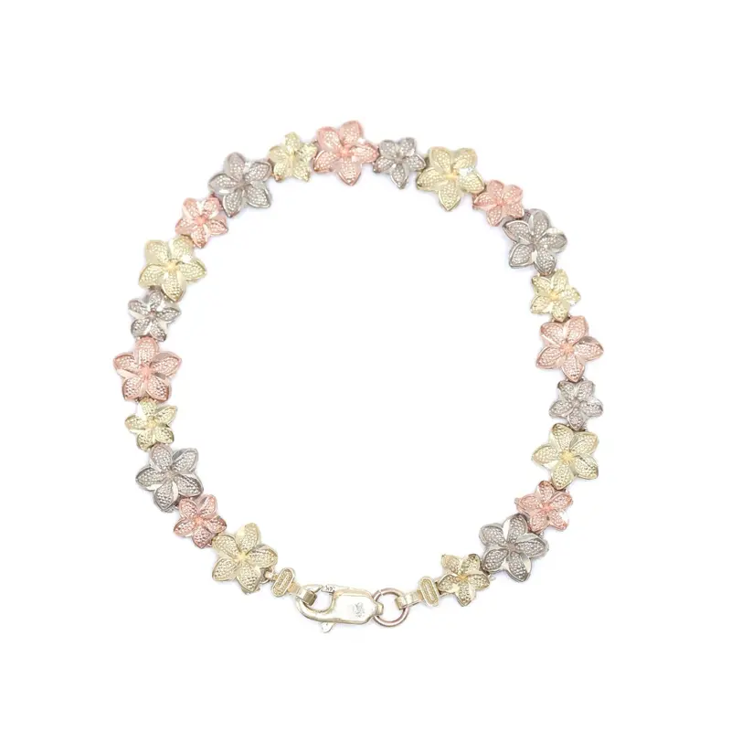 14KT Gold Tri-Colored 3D Hawaiian Flowers Solid Bracelet 9MM - Size 7.5” Women’s Fine Jewelry