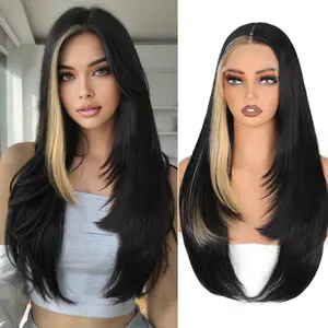 Synthetic Lace Front Wig For Black Women 13X4 HD 26 inch Long Lace Front Wigs Glueless Wigs For Black Women Straight Layered Black mix Blonde Hightlights Wig Daily Party Use