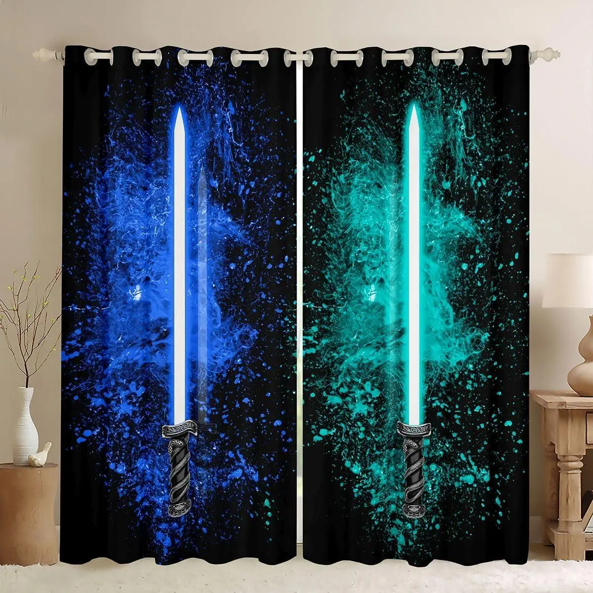 Lightsaber Curtains Home Decoration Lightsaber Rod Pocket Thermal Insulated Blue Teal 2 Panels Window Curtains Darkening Drapes Bedroom Living Room