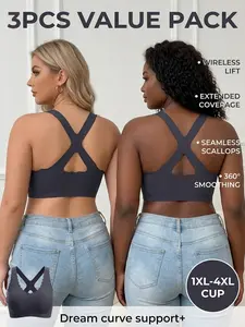 3PCS Full Coverage Push-Up Bras, Invisible Style, Cross Back Design, Soft Breathable, Ideal for Plus Size Women, Casual All-Season Wear