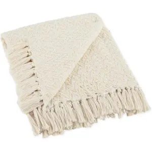 Throw Blanket Woven Cotton, Hand-Knotted 2.5", 50x60, Natural
